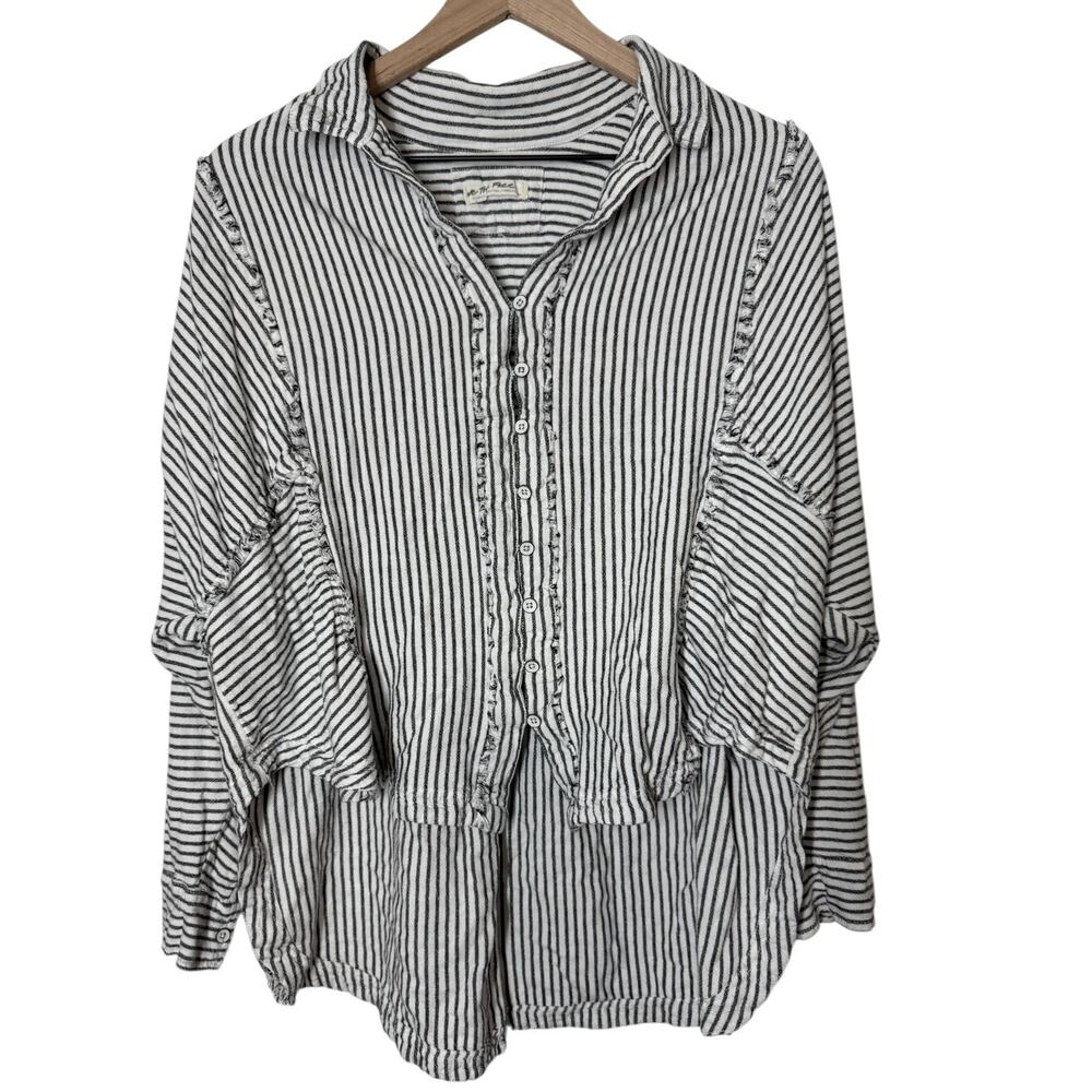 We The Free Black and White Striped Button-Front Blouse